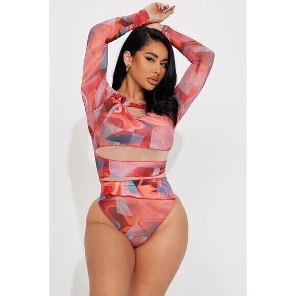Marbled Crew Neck Stretch Mesh bodysuit Size S RefM010‎ - Picture 1 of 10
